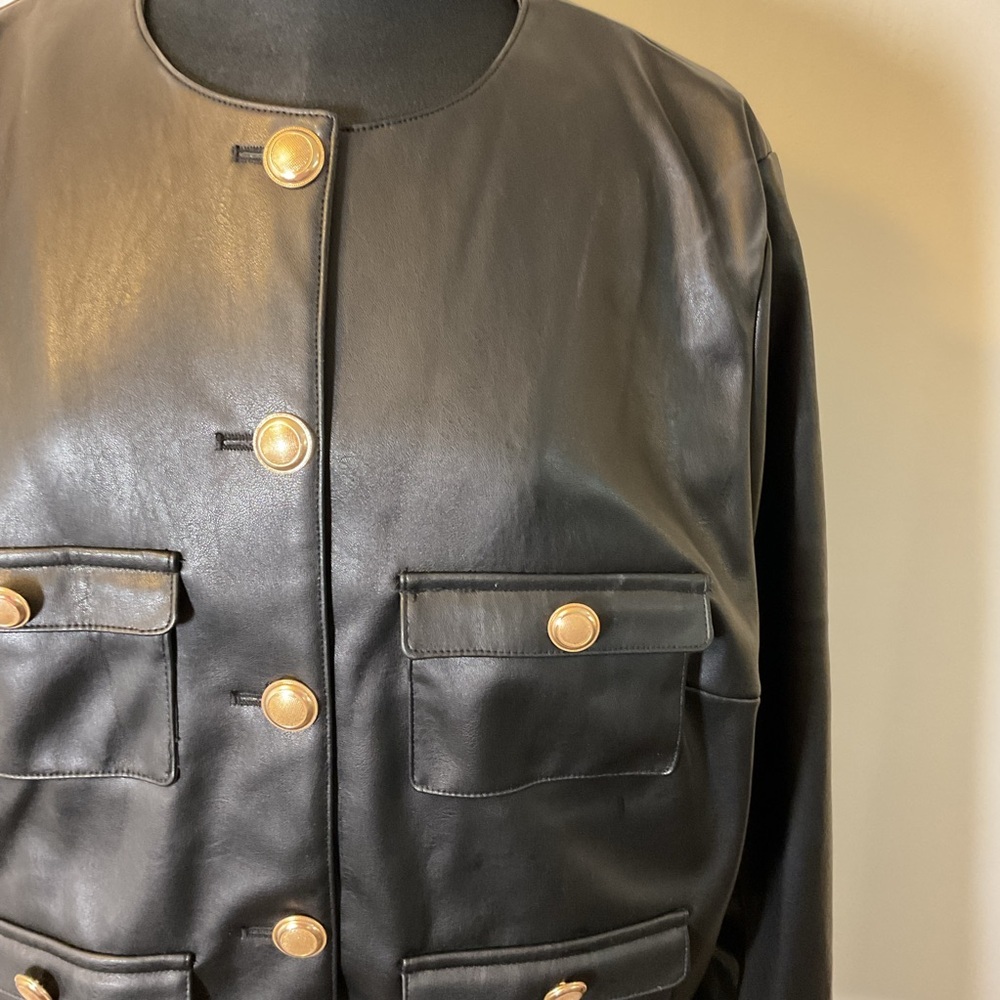 H&M Black Faux Leather Collarless Blazer Gold Button Jacket Size XL - Picture 7 of 9